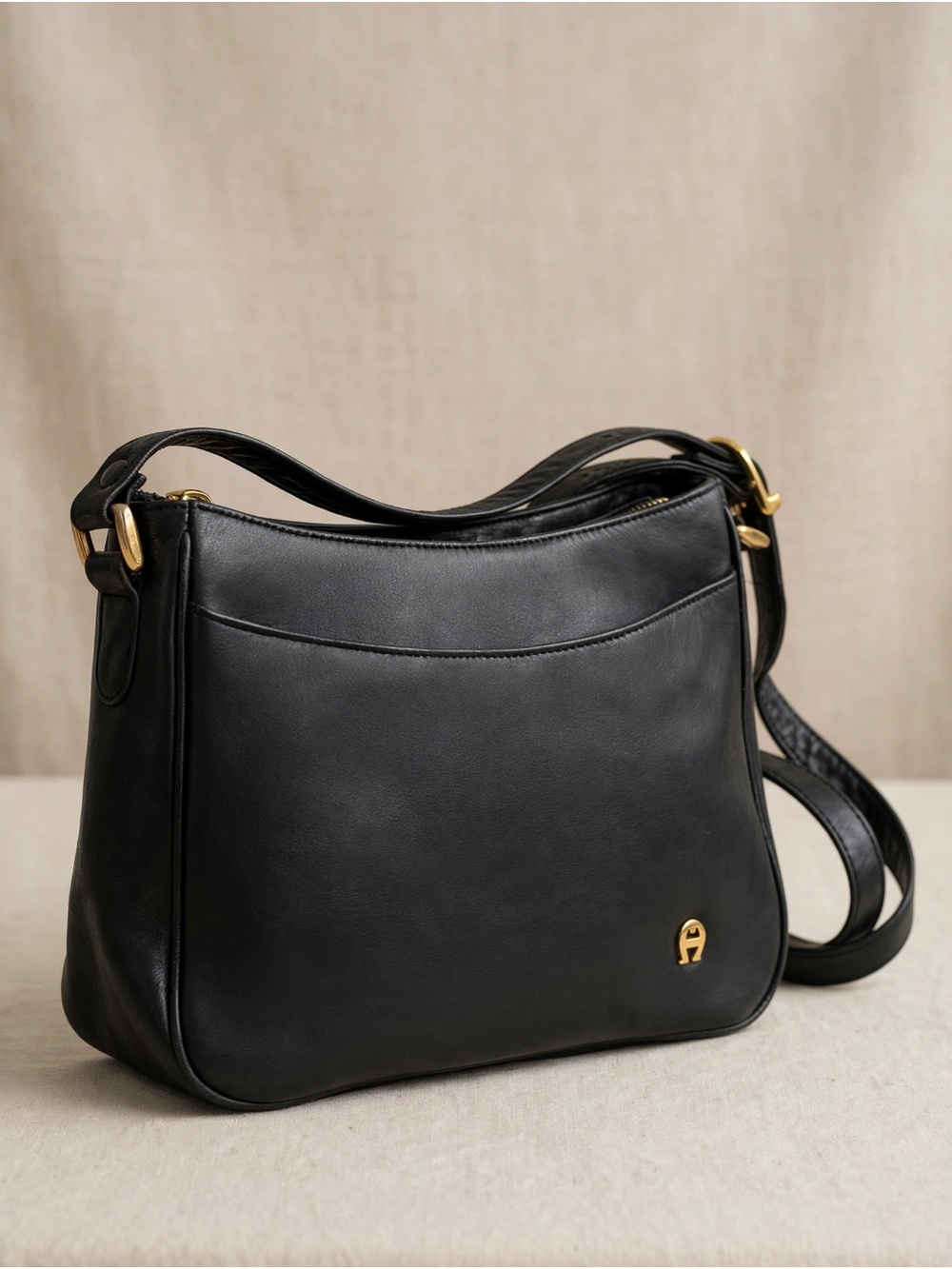 Etienne Aigner Black Leather Crossbody with Gold Hardware